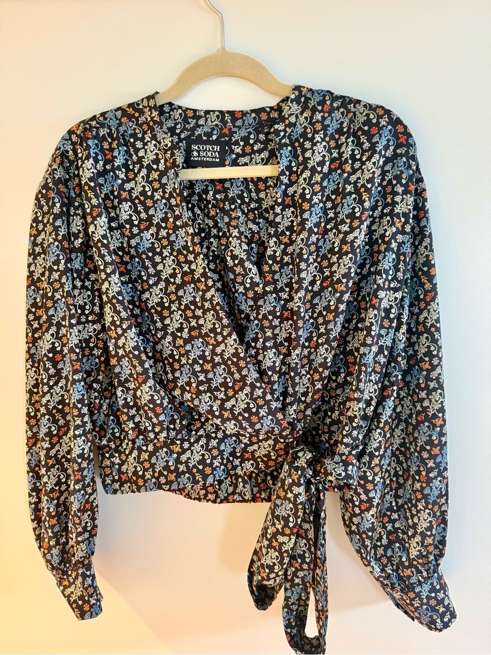 Scotch & Soda Black Floral Tie-Waist Wrap Top